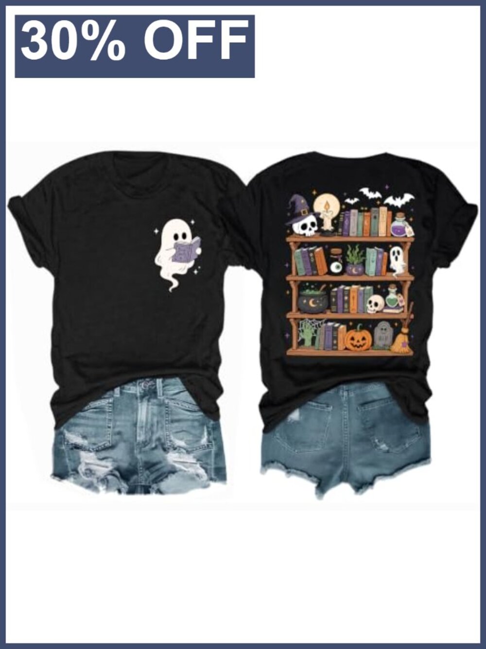 Ghost Reading Book Halloween Graphic Tee for Women